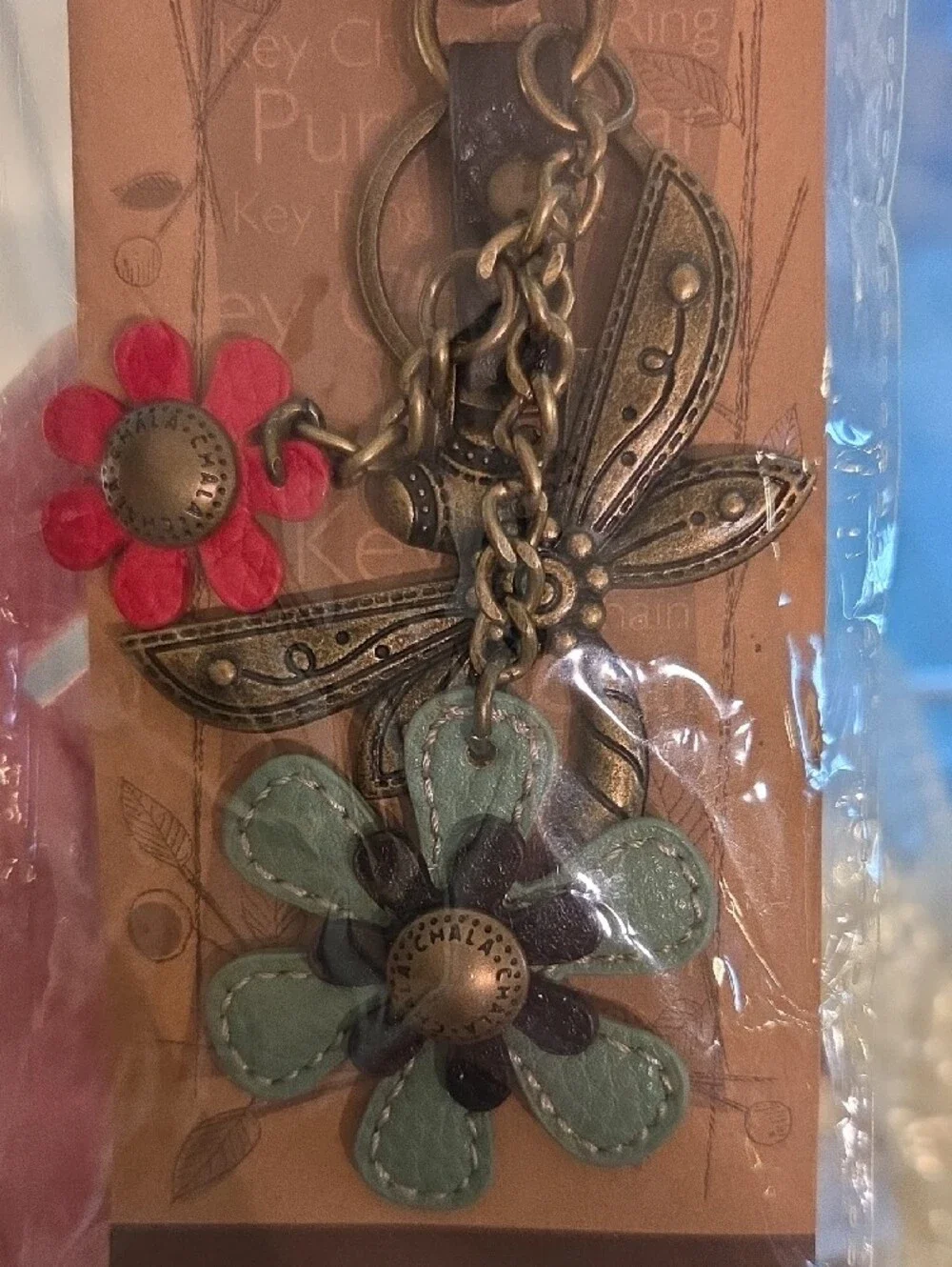 Chala Leather Dragonfly & Flower Keychain Charm